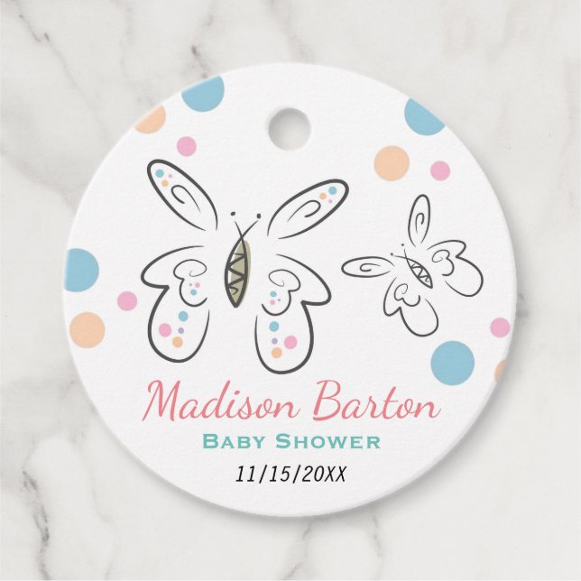 Cute Butterflies and Dots Girl Baby Shower Gåvor Etiketter (Framsida)