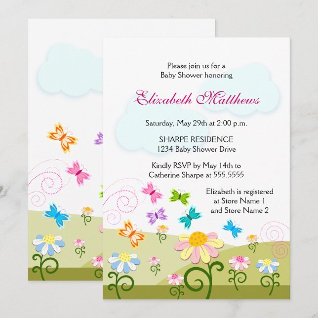 Cute Butterflies och Daisys Baby Shower Inbjudningar (Fram/baksida)