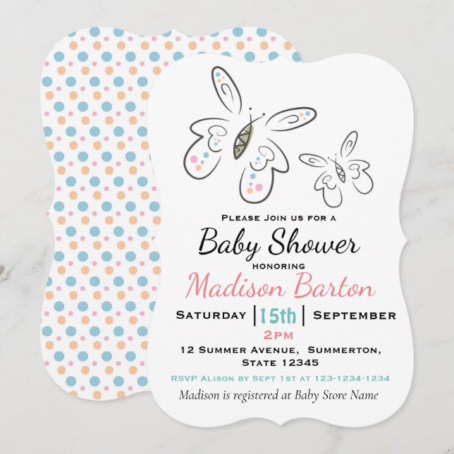 Cute Butterflies och Dots Girl Baby Shower Inbjudningar (Fram/baksida)