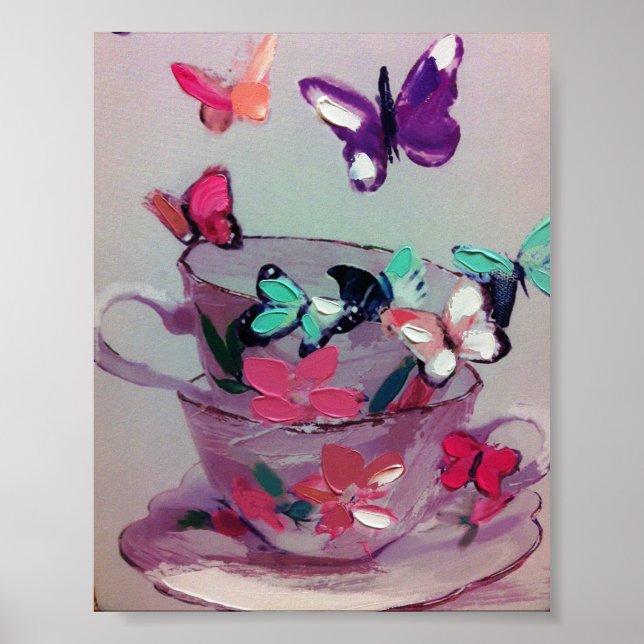 Cute butterflies och kopp ,Matte Poster. Poster (Framsidan)