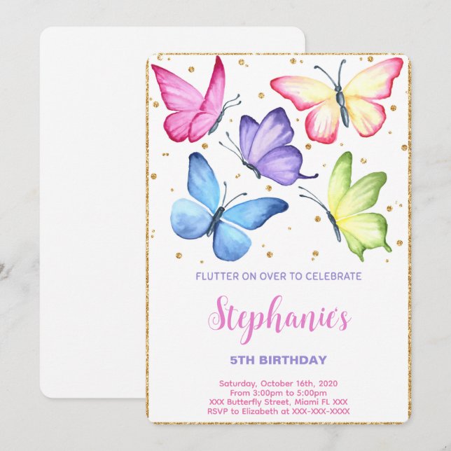 Cute Butterfly Birthday-inbjudan Inbjudningar (Fram/baksida)
