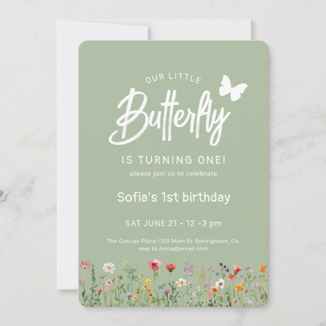 Cute Butterfly First Birthday Invitation Inbjudningar (Framsida)
