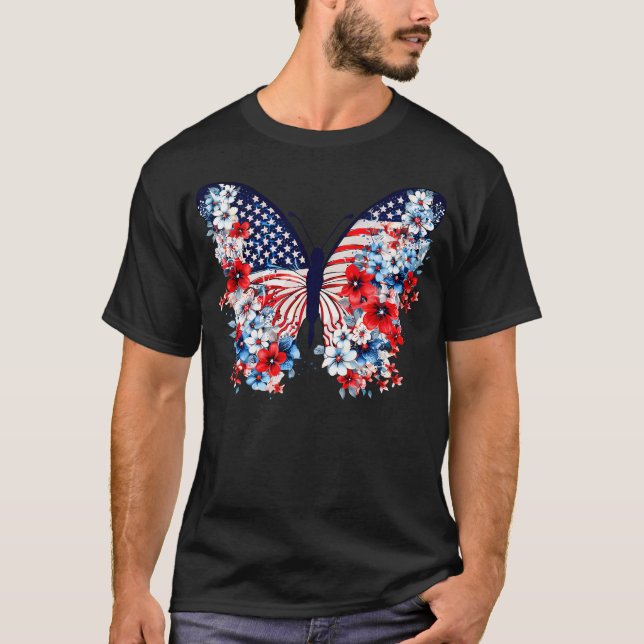 Cute Butterfly Flower Rött vitt blått US Flagga 4T T Shirt (Framsida)