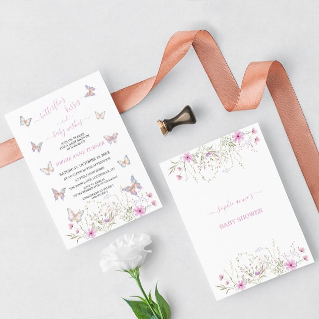 Cute Butterfly Kisses och Baby Önskemål Baby Showe Inbjudningar (butterfly baby shower invitation, meadow flowers butterflies baby shower invite, trendy baby shower)