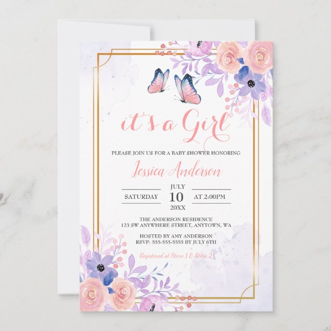 Cute Butterfly Lila Rosa Blommigt Girl Baby Shower Inbjudningar (Framsida)