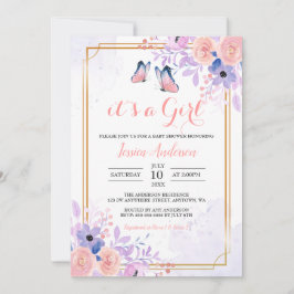 Cute Butterfly Lila Rosa Blommigt Girl Baby Shower Inbjudningar