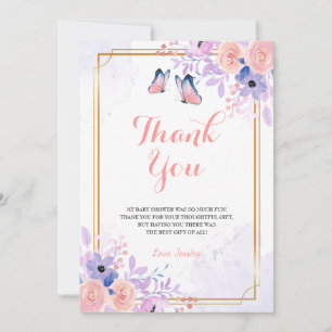 Cute Butterfly Lila Rosa Blommigt Girl Baby Shower Tack Kort