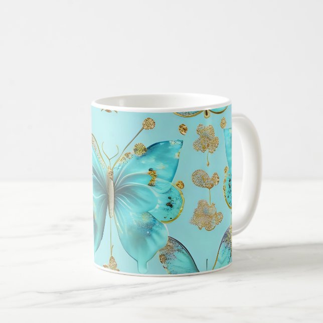 Cute Butterfly Mönster på en blå bakgrund Kaffemugg (Framsida höger)