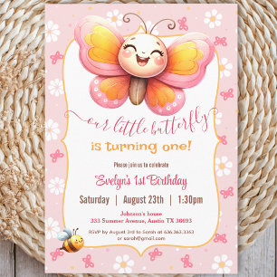 Cute Butterfly Rosa Blommigt Girl Girl 1 Birthday Inbjudningar