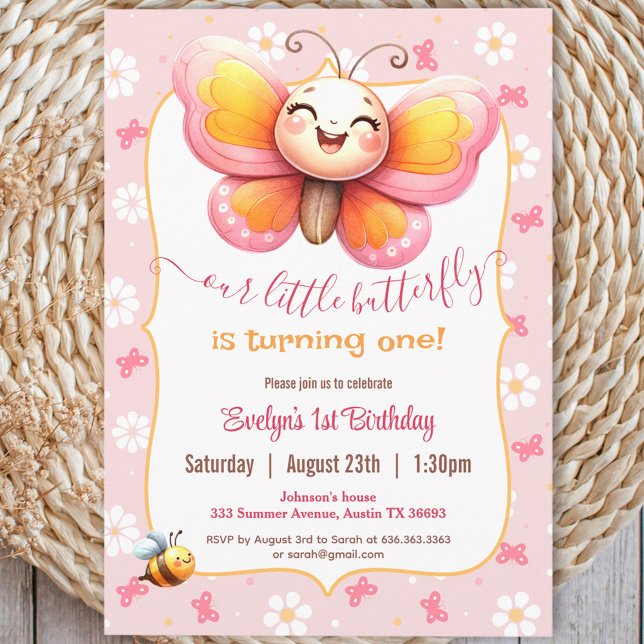 Cute Butterfly Rosa Blommigt Girl Girl 1 Birthday Inbjudningar (Cute Butterfly Pink Floral Girl 1st Birthday Invitation)