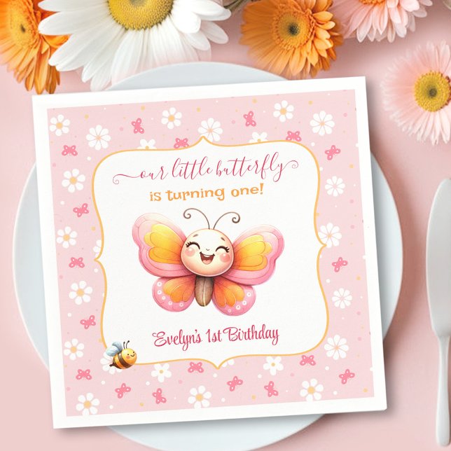 Cute Butterfly Rosa Blommigt Girl Girl 1 Birthday Pappersservett (Cute Butterfly Pink Floral Girl 1st Birthday Napkins)
