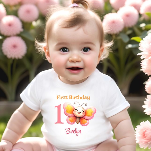 Cute Butterfly Rosa Blommigt Namn Girl Girl 1 Birt T Shirt (Cute Butterfly Pink Floral Girl 1st Birthday Baby T-Shirt)
