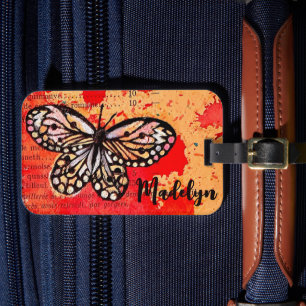 Cute Butterfly Watercolor Vintage Boho Add Namn Bagagebricka