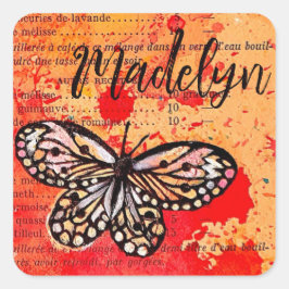 Cute Butterfly Watercolor Vintage Boho Add Namn Fyrkantigt Klistermärke