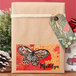Cute Butterfly Watercolor Vintage Boho Add Namn Rektangulärt Klistermärke