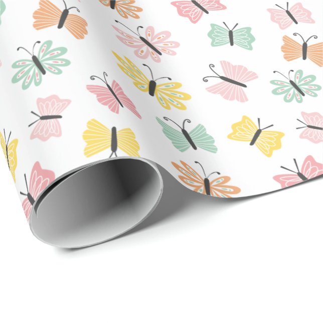 Cute Butterlies in pastel färg on white Presentpapper (Rullad Hörn)