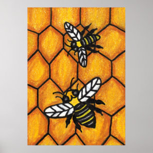 Cute Buzzing Bees på Honeycomb Poster