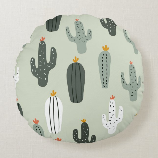 Cute cacti sömlös mönster, bakgrund med hand d rund kudde (Framsidan)
