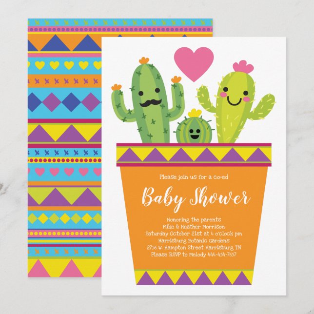 Cute Cactus Baby Shower Colorful Southwest Inbjudningar (Fram/baksida)