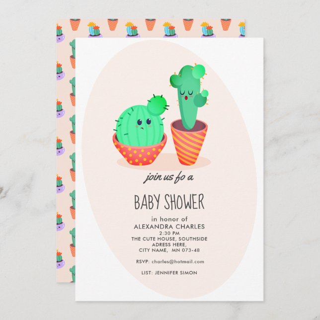 Cute Cactus Baby Shower Inbjudningar (Fram/baksida)