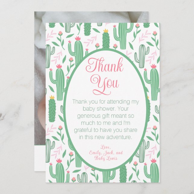 Cute Cactus Blommigt Baby Shower Photo Tack (Fram/baksida)