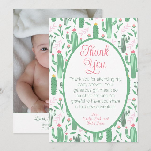 Cute Cactus Blommigt Baby Shower Photo Tack Kort (Fram/baksida)