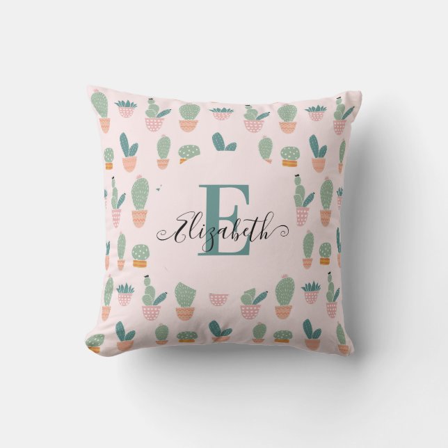Cute Cactus Cacti Succult Rosa Greenery Monogram Kudde (Framsida)