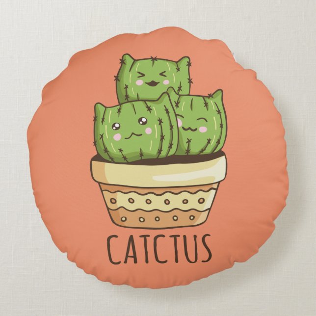 Cute Cactus Cats Rund Kudde (Baksidan)