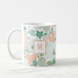 Cute Cactus Coral Mint Monogram Mönster Kaffemugg