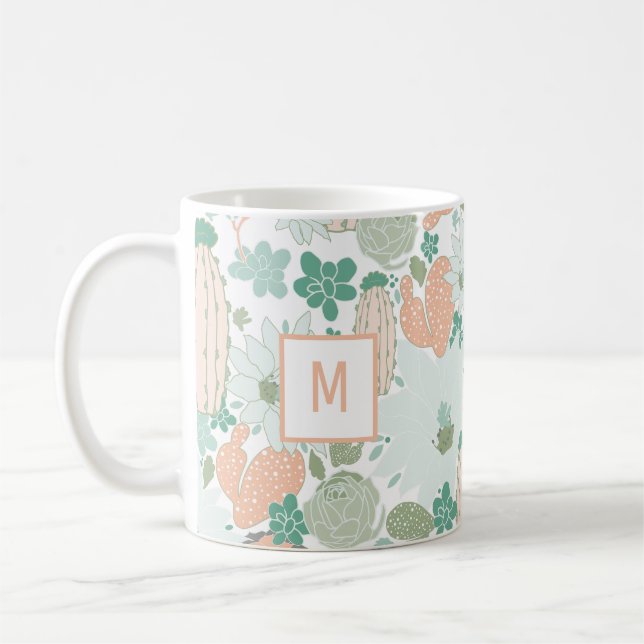 Cute Cactus Coral Mint Monogram Mönster Kaffemugg (Vänster)
