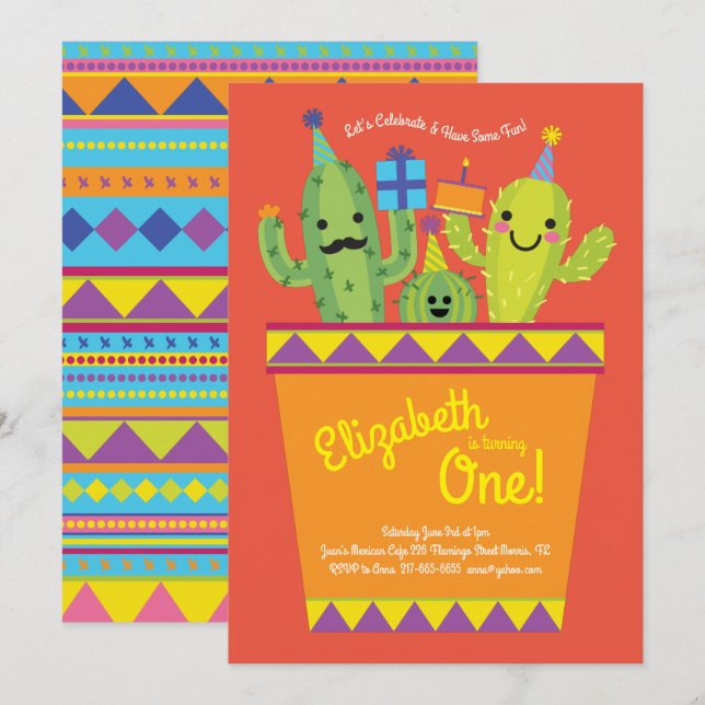 Cute Cactus Desert Kids 1:a födelsedagen Party mex Inbjudningar (Fram/baksida)