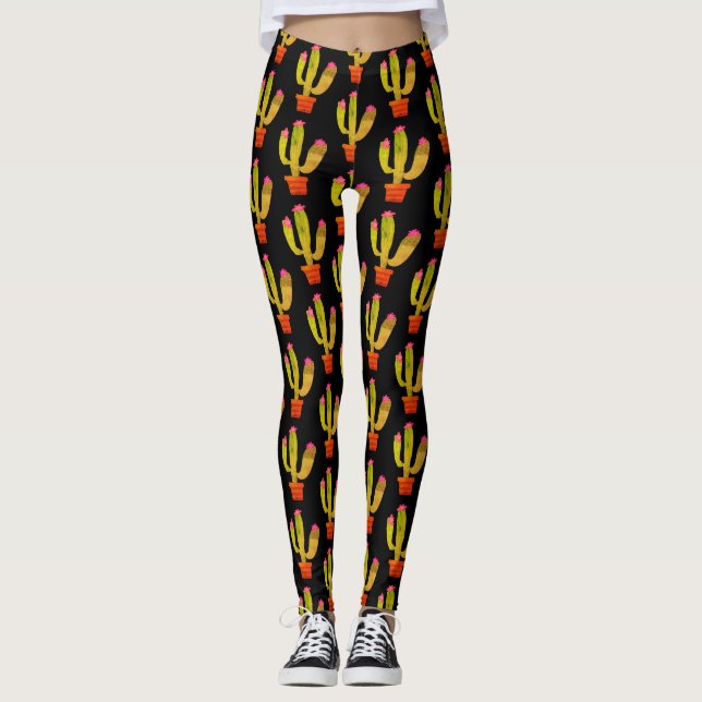 Cute cactus fabrik in pot teckning all over print leggings (Framsida)