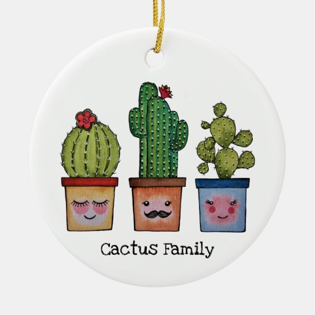 Cute Cactus Family in Watercolor Julgransprydnad Keramik (Framsidan)