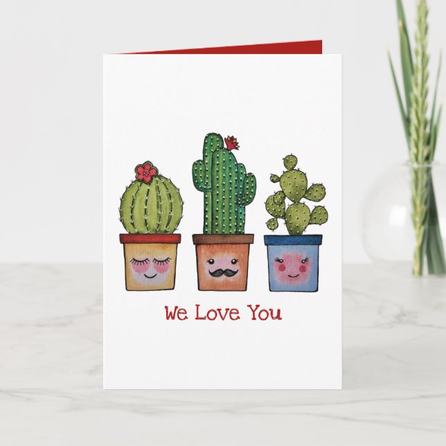 Cute Cactus Family in Watercolor Kort (Framsida)
