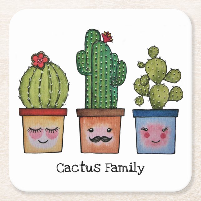 Cute Cactus Family in Watercolor Underlägg Papper Kvadrat (Framsidan)