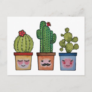 Cute Cactus Family in Watercolor Vykort