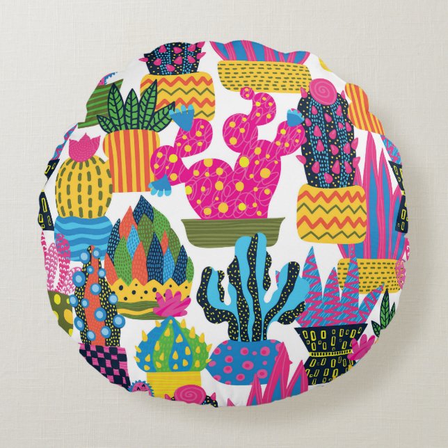 Cute Cactus: Färg, sömlös Roligt Rund Kudde (Framsidan)