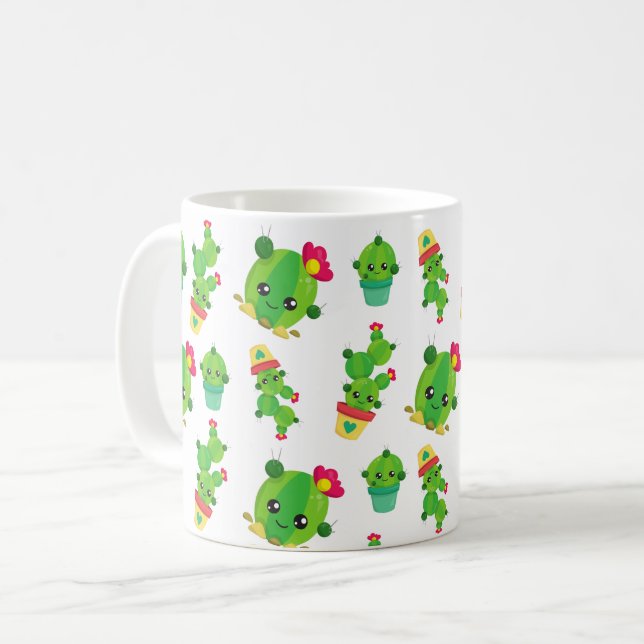 Cute Cactus, Grönt Cactus, Cactus Mönster Kaffemugg (Framsida vänster)