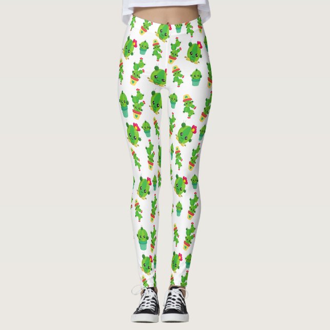 Cute Cactus, Grönt Cactus, Cactus Mönster Leggings (Framsida)