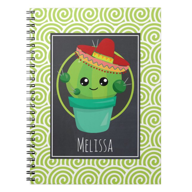 Cute Cactus in a Sombrero på Black Chalkboard Anteckningsbok (Framsidan)