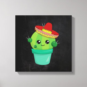 Cute Cactus in a Sombrero på Black Chalkboard Canvastryck