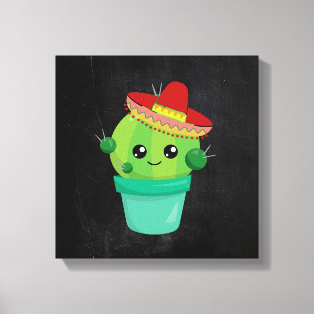 Cute Cactus in a Sombrero på Black Chalkboard Canvastryck (Framsida)