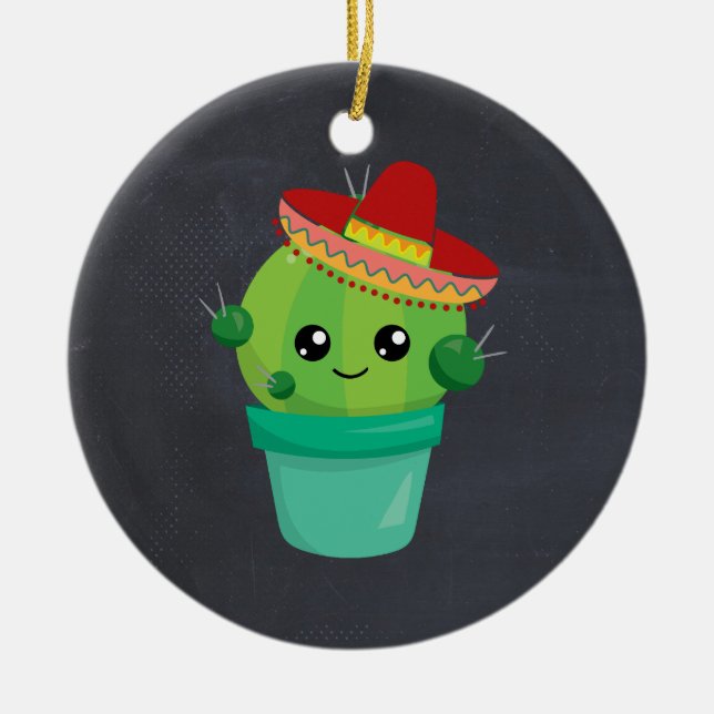 Cute Cactus in a Sombrero på Black Chalkboard Julgransprydnad Keramik (Framsidan)