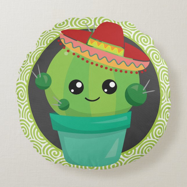 Cute Cactus in a Sombrero Rund Kudde (Framsidan)