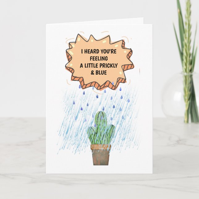 Cute cactus in rain, som känner sig hycklande blå, kort (Framsida)