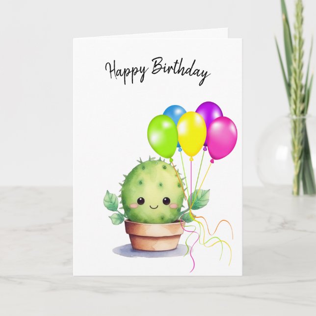 Cute Cactus med födelsedagsballonger Kort (Framsida)