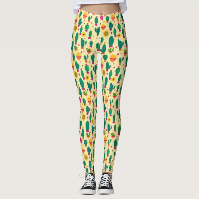 Cute Cactus Mönster Gult Kawaii Fabric Skriv ut Leggings (Framsida)
