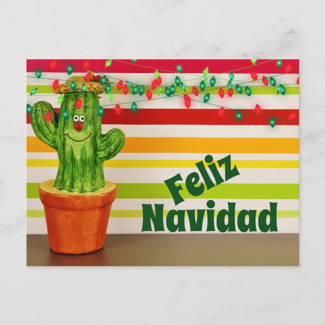 Cute Cactus och Festive Ljus Feliz Navidad Helg Vykort (Framsida)