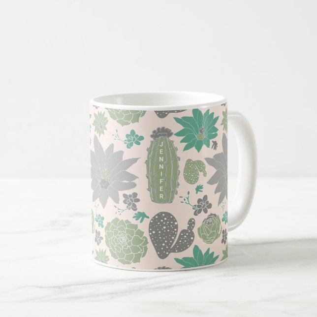 Cute Cactus Peach Grått Succulations och Namn Kaffemugg (Framsida höger)