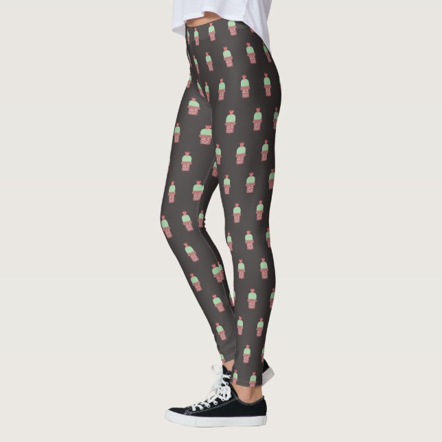 Cute Cactus Pot Plant Blooming Botanical Mönster Leggings (Vänster)